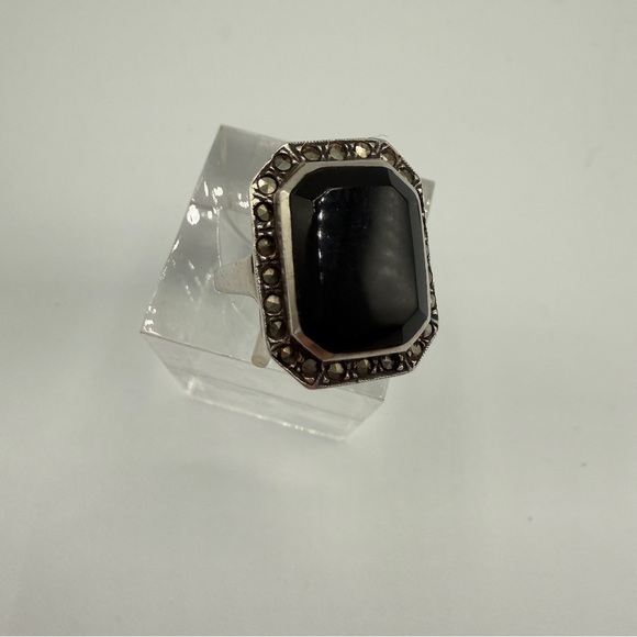 Art Deco 925 Silver Cocktail Ring in Black Accent and Marcasite Size - Picture 14 of 17